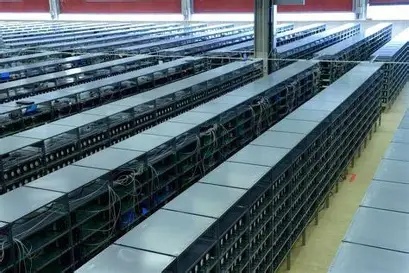A bustling cryptocurrency mining farm with rows of mining rigs